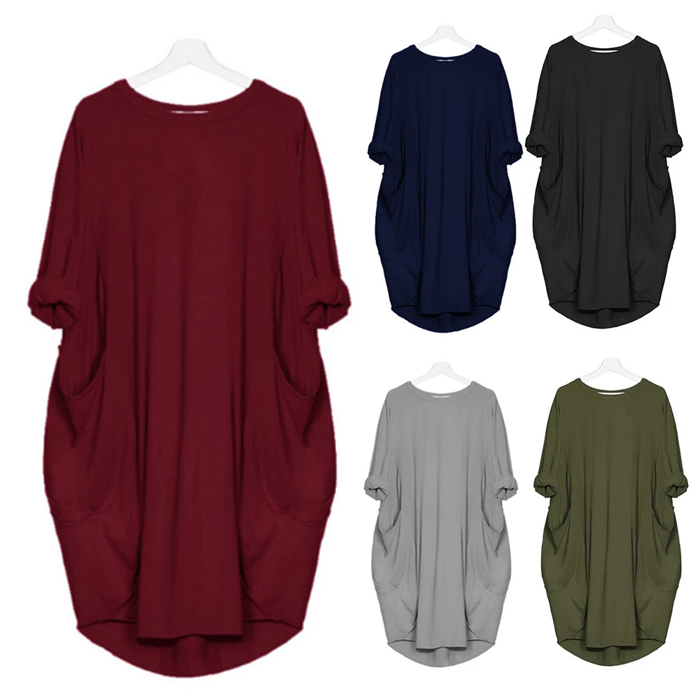 Damska letnia moda codzienna, luźna, plus size, jednokolorowa, wielokolorowa opcjonalna sukienka z długim rękawem i okrągłym dekoltem