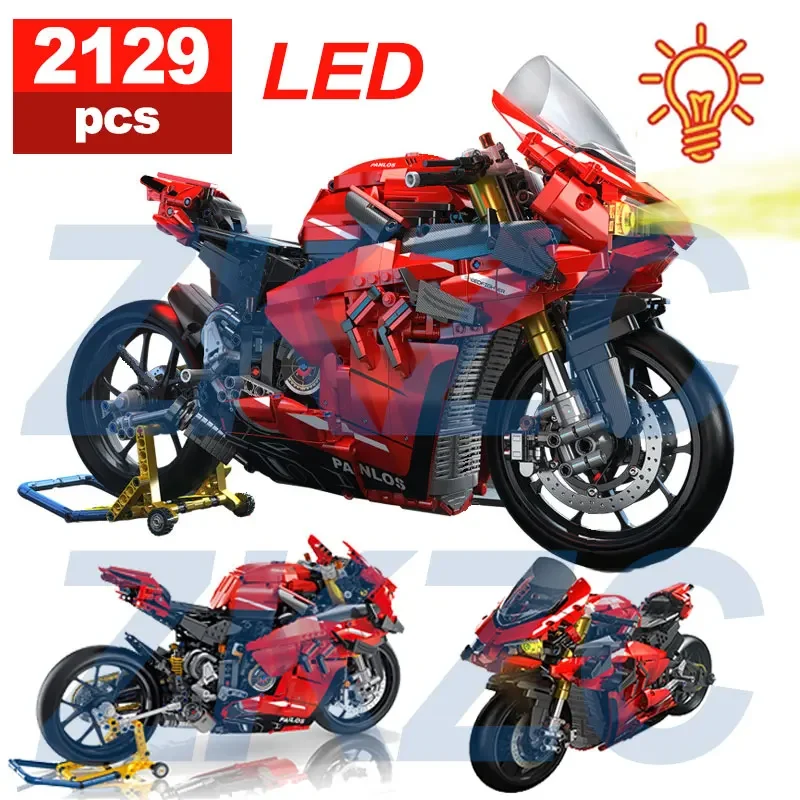 MOC LED City Technical Super Motorcycle Motorbike Model Building Block Lighting Racing Locomotive Brick Toys for Children Gifts