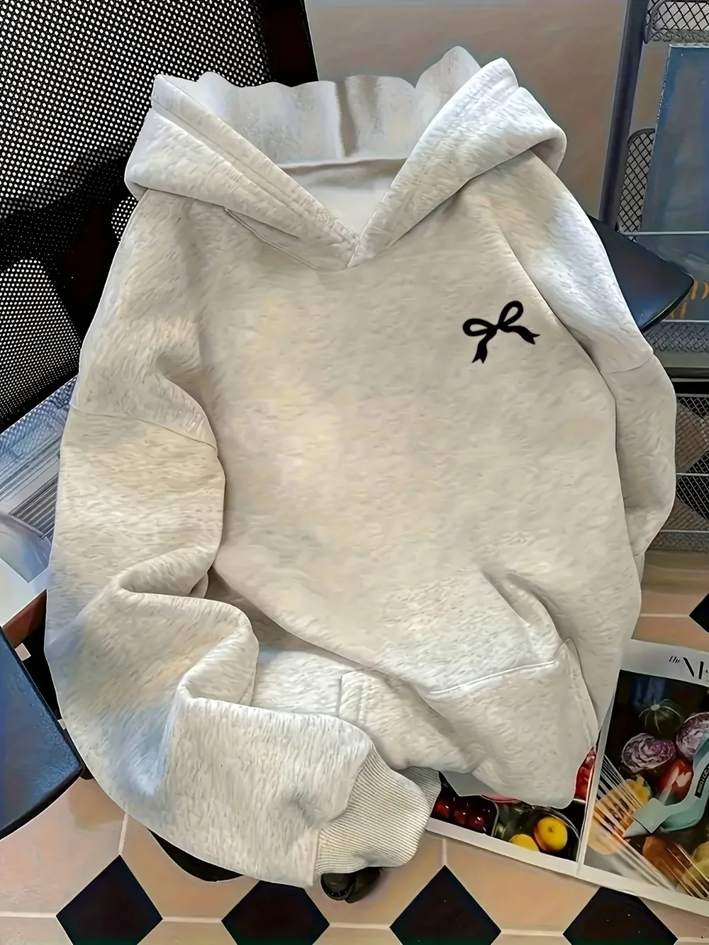 Kapuzenpullover mit Schleifenmuster, bequemer, lockerer Schnitt, lässiger Pullover für Frühling und Herbst, Streetwear, Y2k-Kleidung. – Detail 3