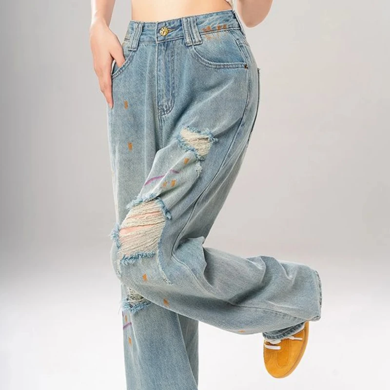 Torn Trousers Wide Leg Womens Ripped Jeans South Korea Size X Larg 2025 High Quality Denim Pants for Women 90s R Grunge Y2k Xxl