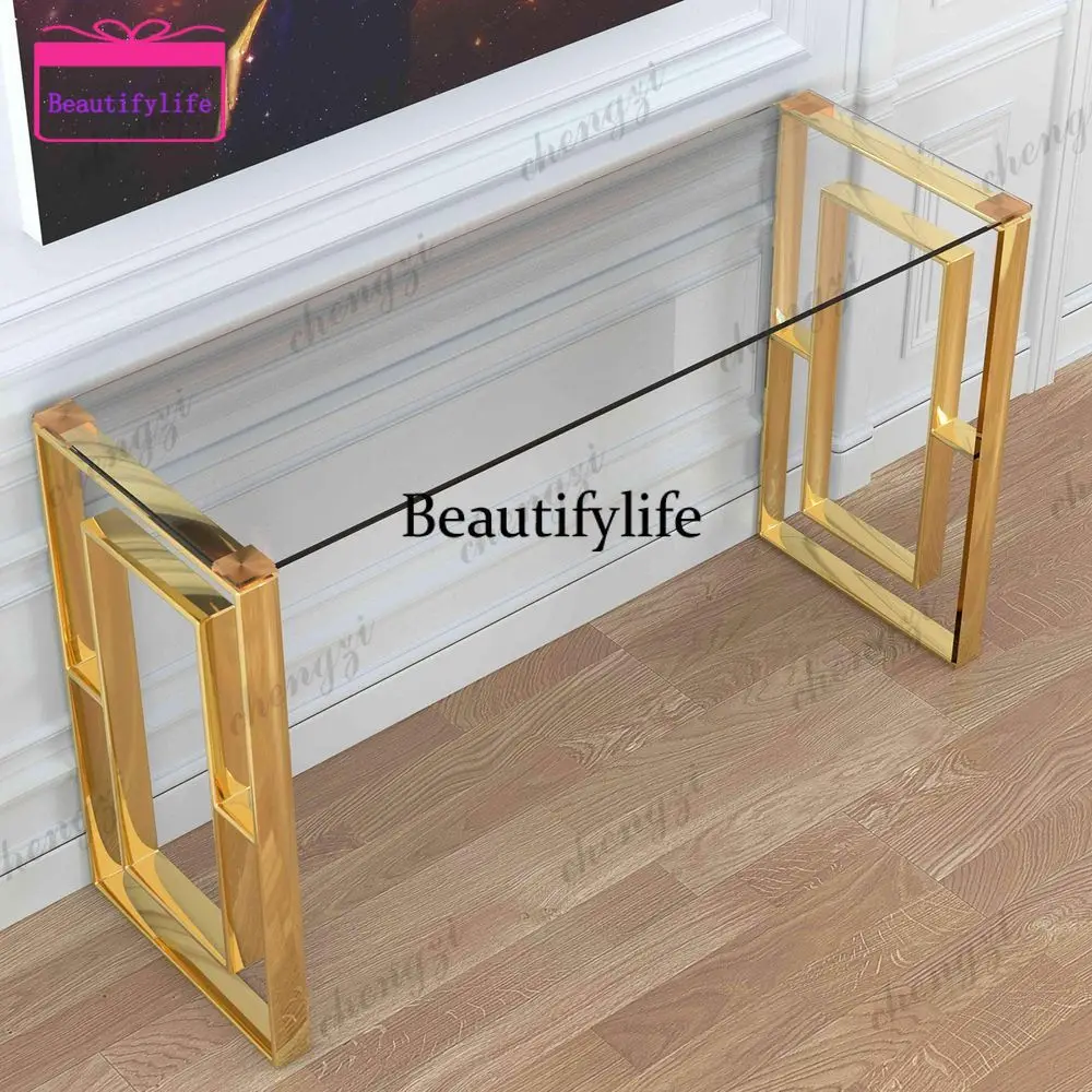a38 Mesa consola Laila de acero inoxidable y vidrio, 15.75 D x 47 W x 30.5 H, dorado, transparente