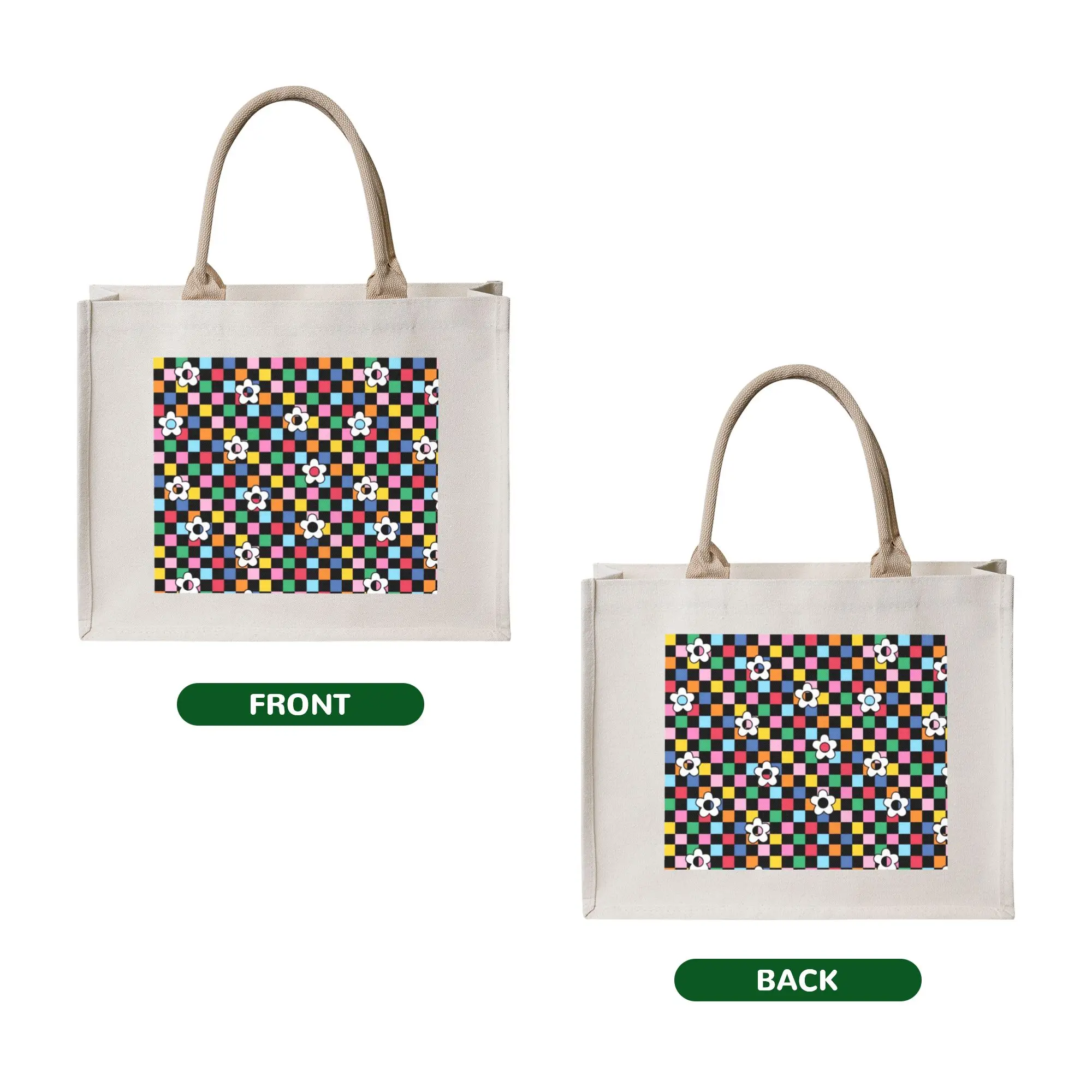 Cute Print Checkered Plaid Daisy Flowers  Tote Shopping Bag Portable Shoulder Shopper  Flowers Rainbow  Handbag