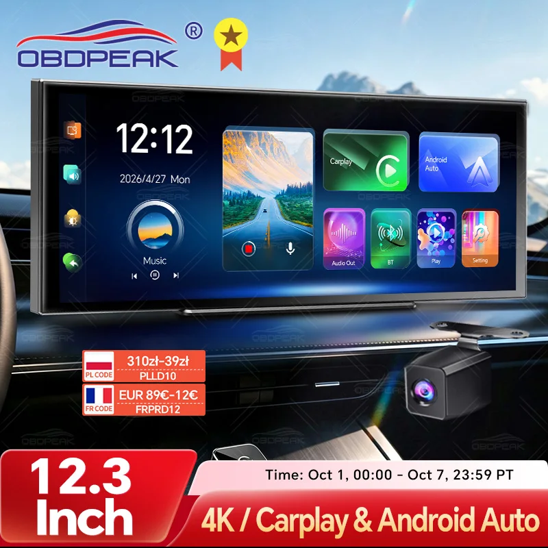 K9 MAX 12.3 Inch Dash Cam 4K Dual Lens Car DVR Wireless Carplay & Android Auto WiFi GPS Navigation Dashboard Video Recording