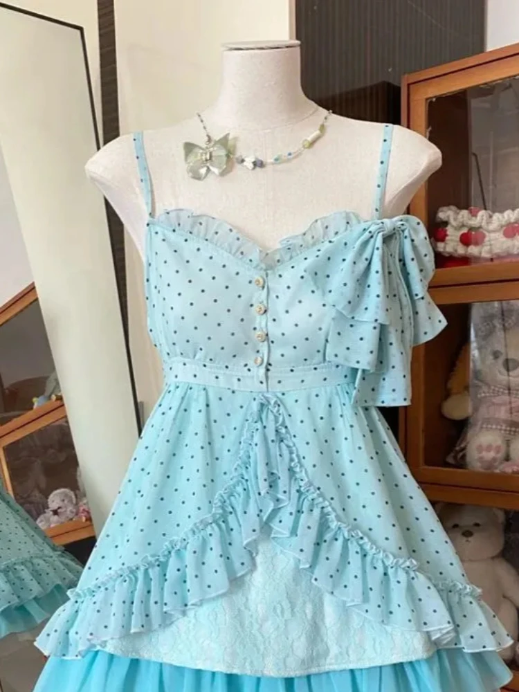 Japanese Sweet Vintage Lace 3 Piece Set Polka Dot Vest + Sheer Lace Cardigan + Fluffy Skirt New Harajuku Chic Lovely Suit Spring view 3