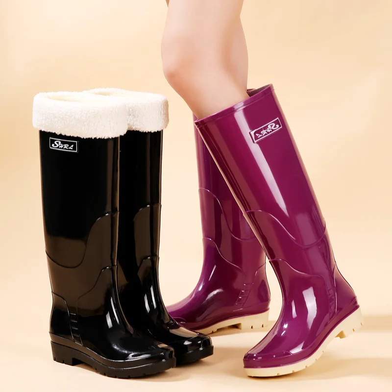 

Fashionable Ladies Fleece Lined Waterproof Anti-slip Rain Boots Warm Stylish Long Boots EVA Material Spring Autumn Season
