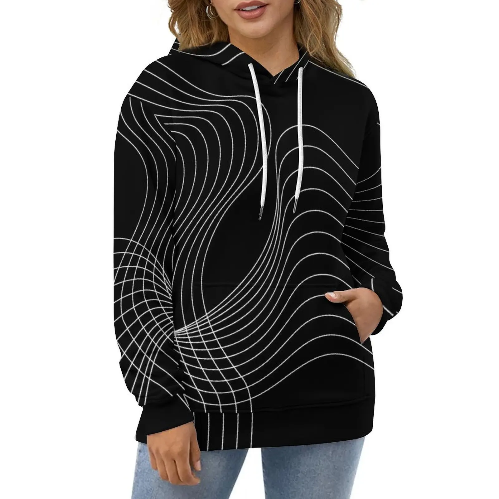 

Striped Print Casual Hoodies Wave Abstract Lines Pullover Hoodie Couple Long Sleeve Streetwear Custom Loose Oversize Clothing