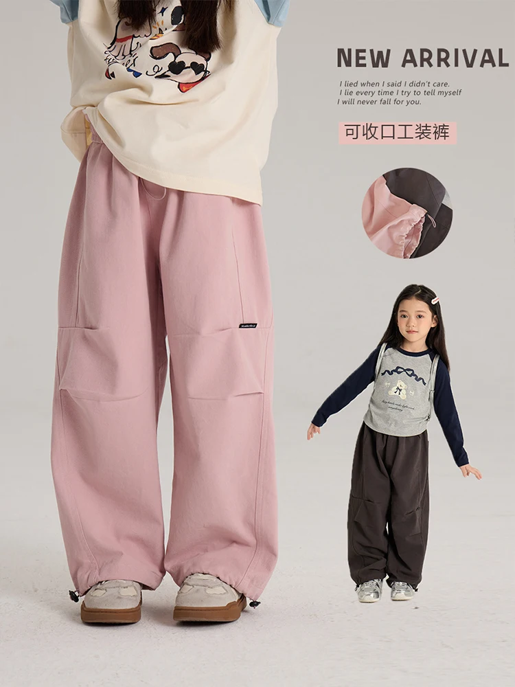 

Girls Casual Cargo Pants Kids Solid Colour Sweatpants Children Vintage Streetwear Hip Hop Pants New Elastic Waist Baggy Trousers