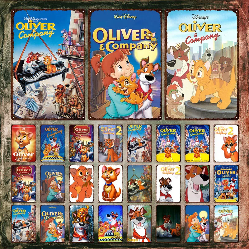 Disney Oliver & Company Metal Poster Orphan Cat Oliva and His Dog Friends Cartoon Movie Metal Sign Vintage Tin Sign Room Decor