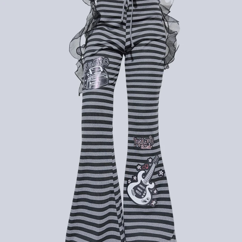 กางเกงขายาวทรงกระดิ่งเอวยางยืดลายทางสไตล์เรโทรสุดหวานเท่สำหรับผู้หญิง  คอลเลคชั่นฤดูใบไม้ร่วง-ฤดูหนาว  ช่วยพรางหุ่น