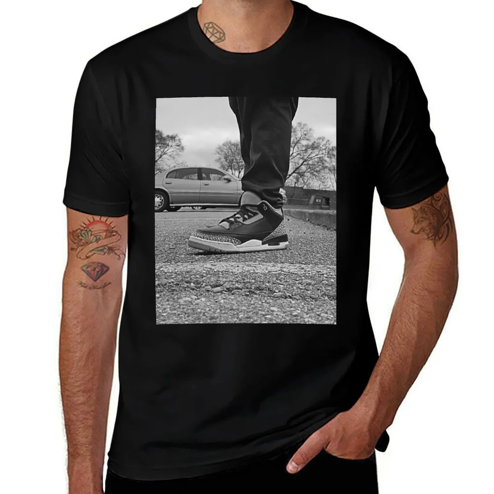 

AJ 3 Bred Sneaks Portrait on Feet Black and White Version T-Shirt funny t shirts dark humor graphic t shirts for man T-Shirt
