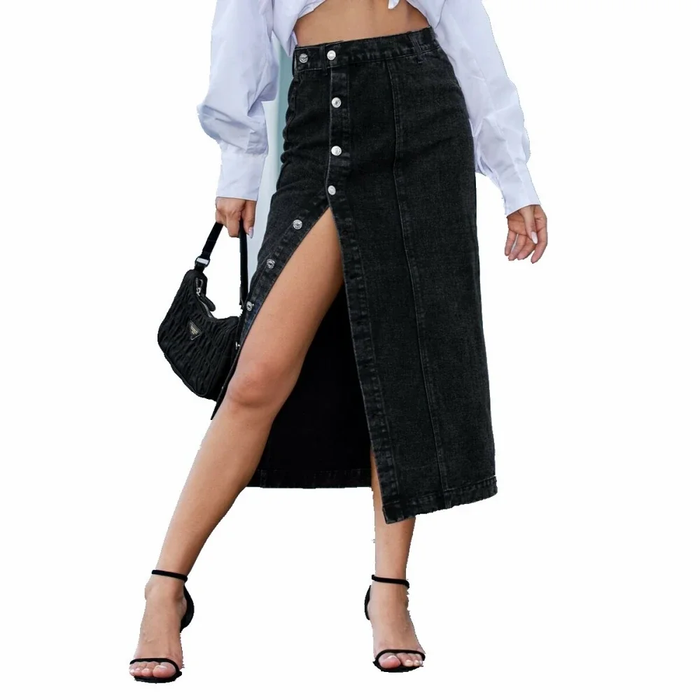 FICHOR Maxi Jeans Skirt Women Denim Long Skirts Summer 2023 Vintage Maxi Skirt Side Split Denim Skirt Women Long Korean