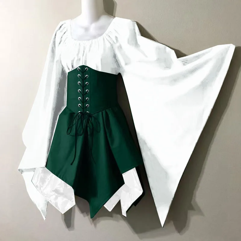 Retro Elegant Dress Summer Slim Fashion Simple Contrast Color Renaissance Fake Two-piece Lace-Up U-neck Bat-Sleeve Short Dresses