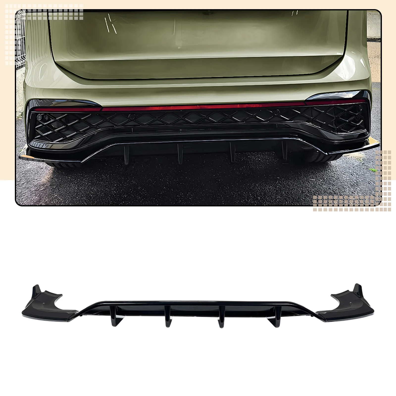 Carbon Fiber Look/Gloss Black Rear Bumper Diffuser Lip Boot Spoiler Splitter Blade For Volkswagen VW Tiguan MK3 Rline 2024-2025