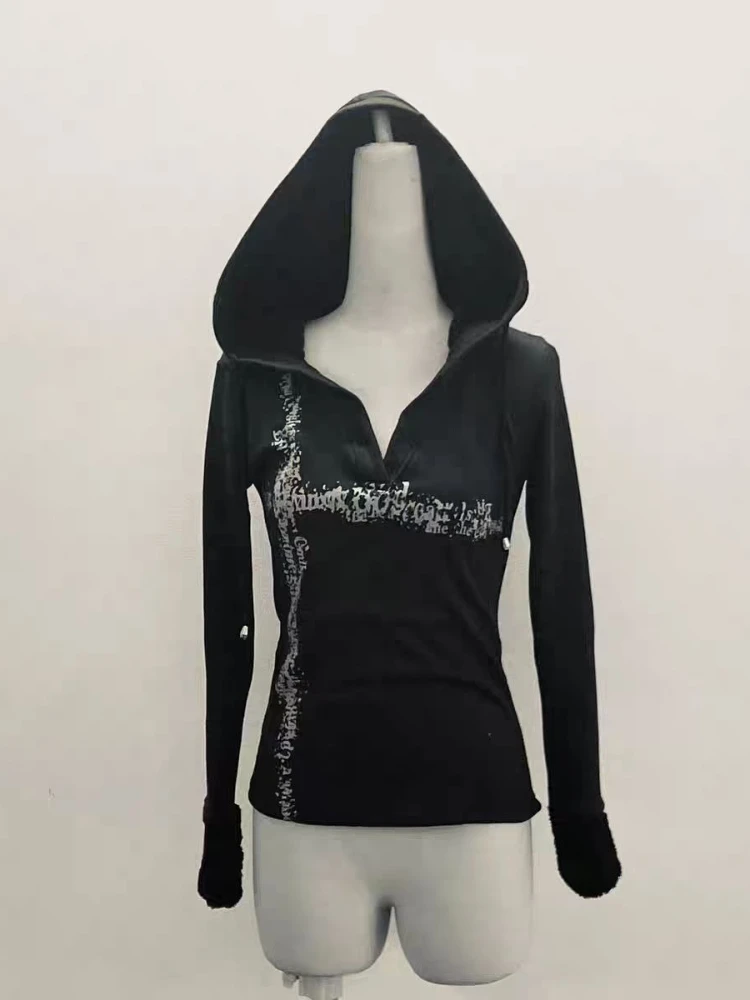 Y2k Vintage Stampato Slim Felpe con cappuccio da donna Manica lunga Estetica Moda Felpa con cappuccio nera Con scollo a V Abbigliamento streetwear 2025 Nuovo