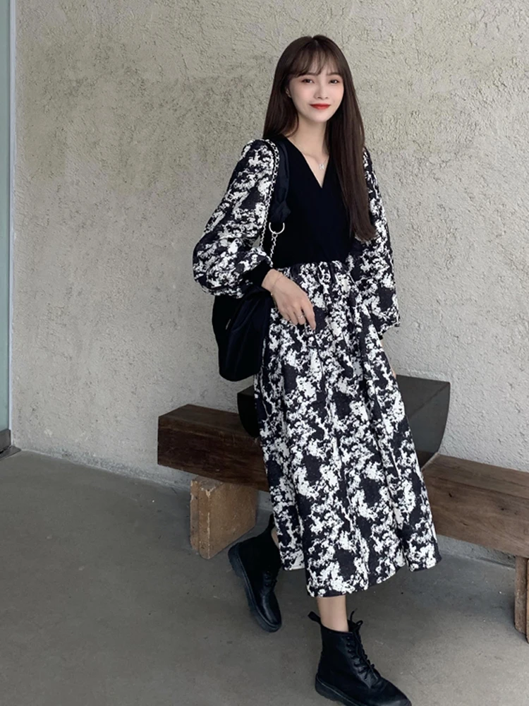 Elegant Knitted Dresses For Women Long Sleeve Sweater Autumn Winter Vintage Print Party Female Office Ladyslim Dress Korean 2022