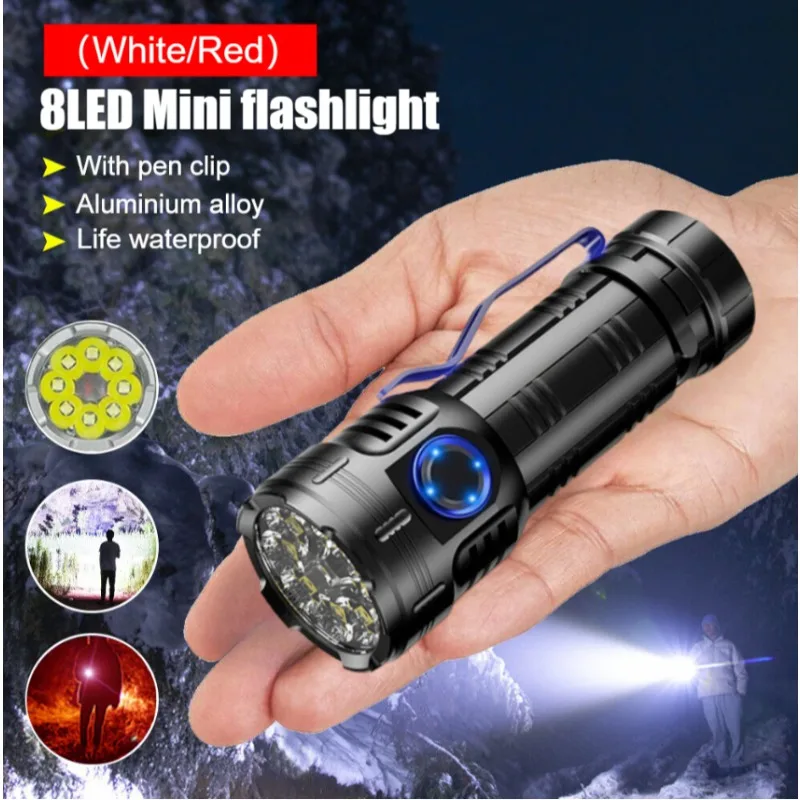 8*XPG LED Flashlight 26350/26650 Battery Floodlight with Tail Magnetic Red Light USB Rechargeable Campping Outdoor Pocket Torch