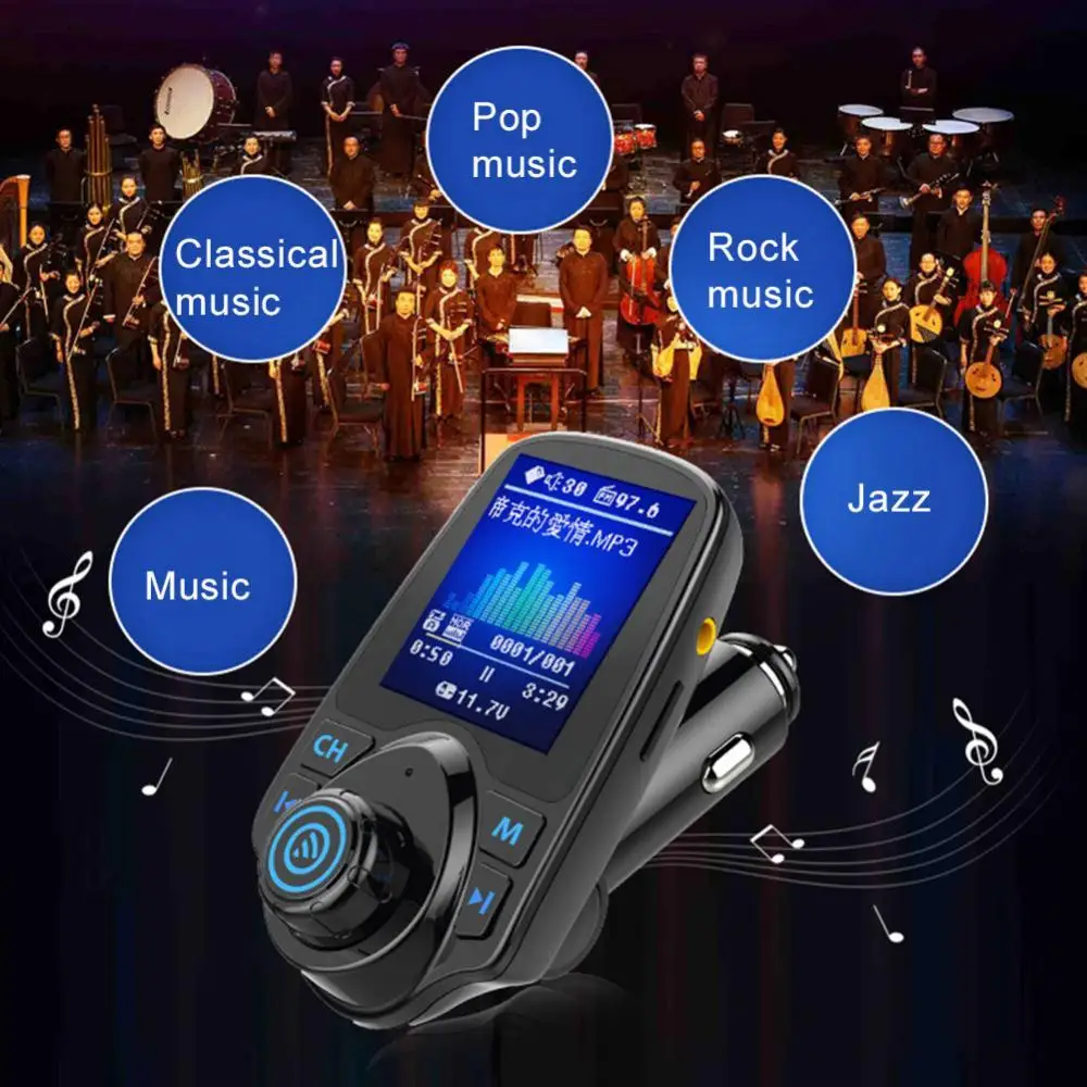 Bluetooth 5.0 FM Transmitter Modulator Color Screen Wireless Hands-free Car MP3 Player Dual USB Charger with Remote Control