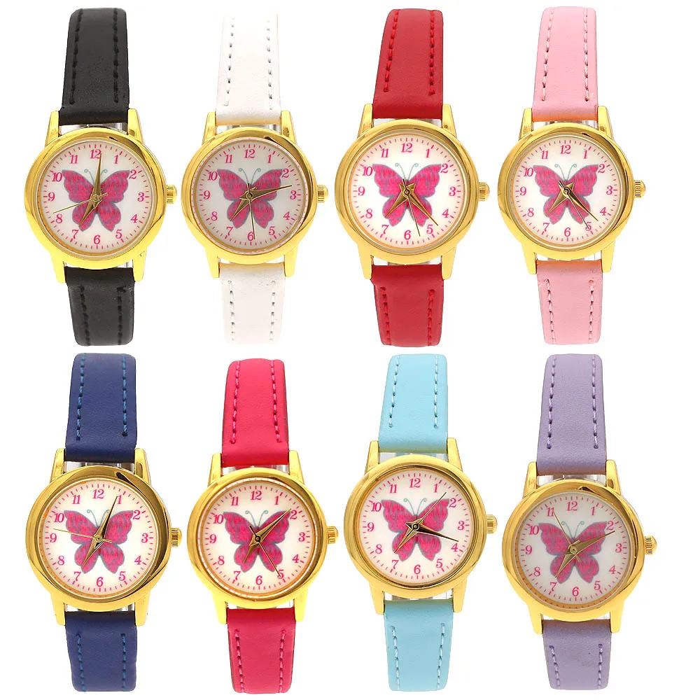 

8Pcs Kids Analog Quartz Wristwatch with Beautiful Butterfly Gifts Leather Band Cartoon Design Elegant Alloy Face for Children