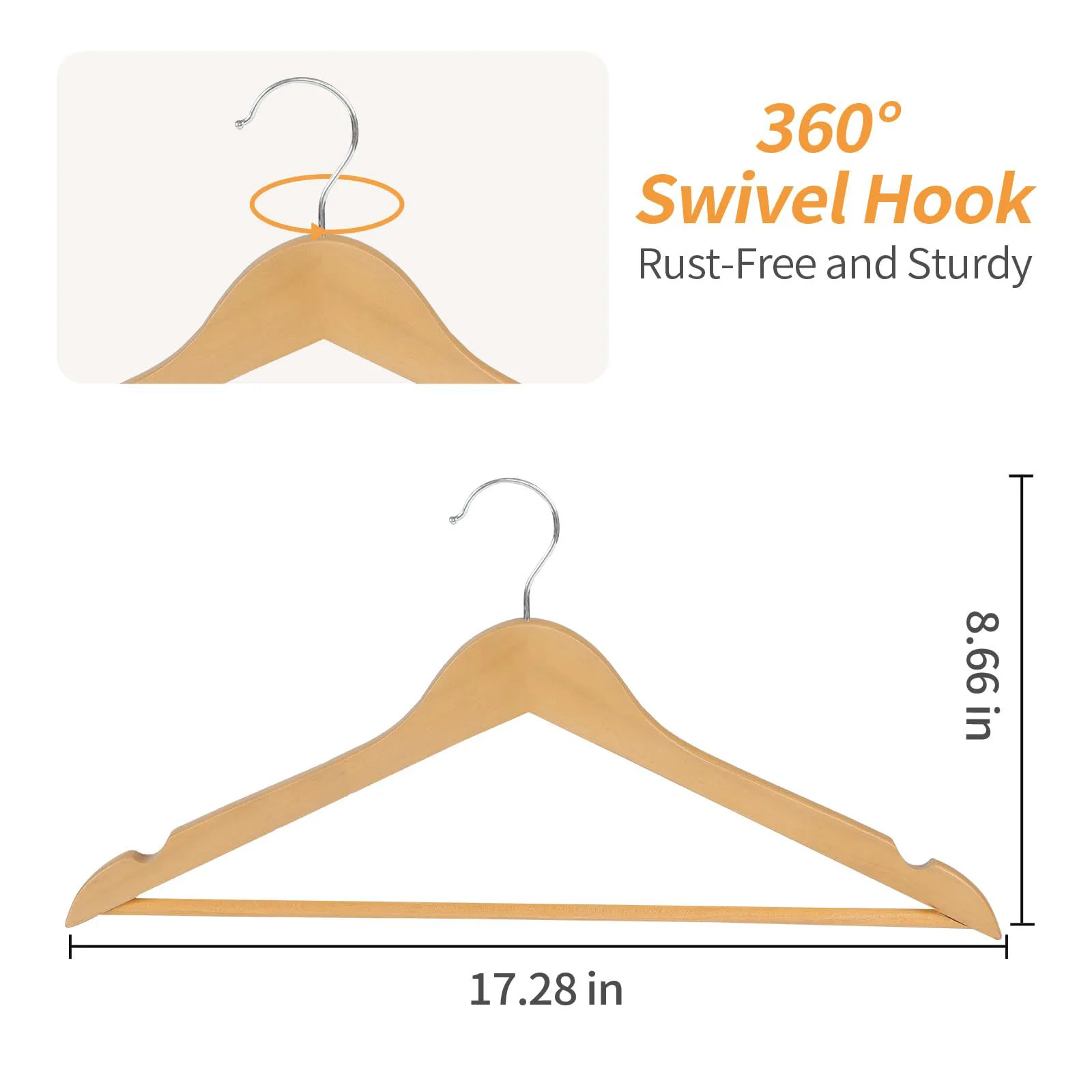 360° Swivel Hook Solid Wood Non-Slip Trace-Free Thickened Coat & Trouser Hanger — Suitable for Homes, Hotels, and Clothing Store