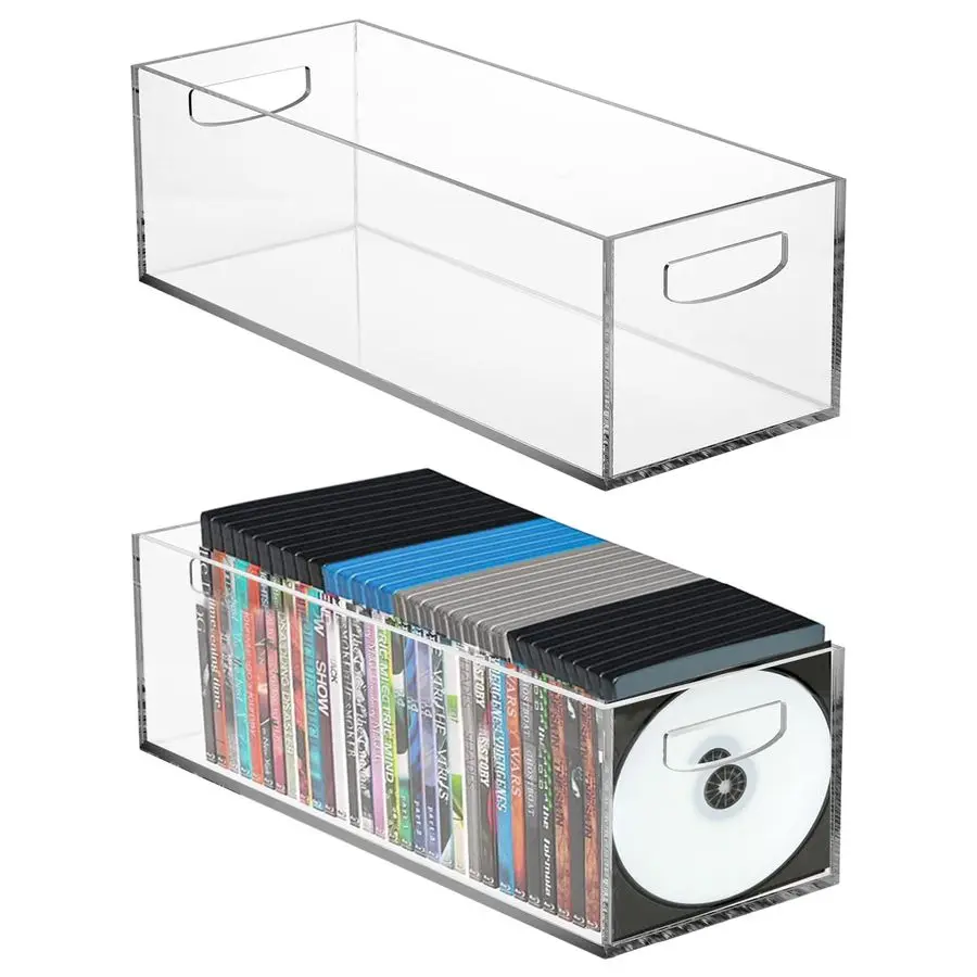 

2 Pack Acrylic DVD CD Storage Box, Clear DVD Holder Case with Handles, Stackable Storage Container Shelf Organizer Bin for CDs,