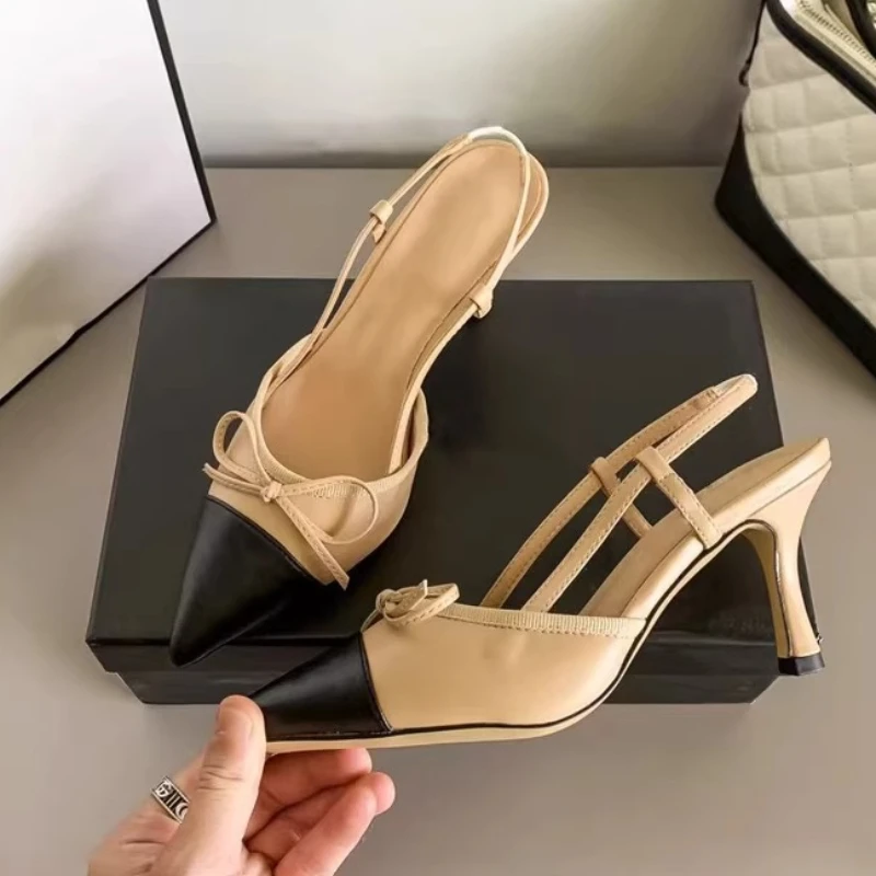 

New Pointed Head Bow Stiletto High Heels with Color Matching Bag Head Sandals Women