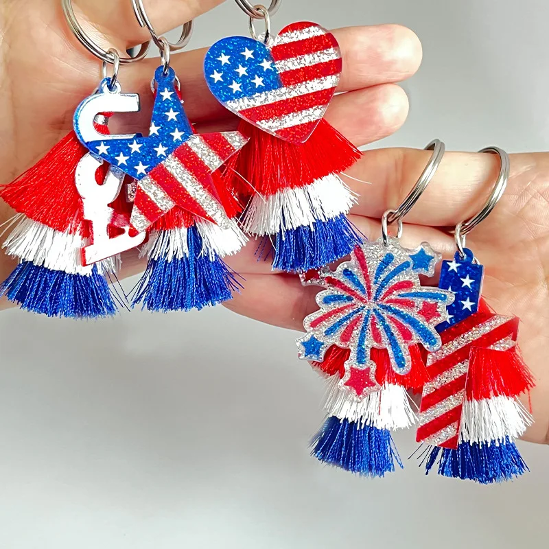 2024 Independence Day Patriotic Key Hanging Shining Dazzling Multi-layered Tassel Stars Flag Cross Keychain