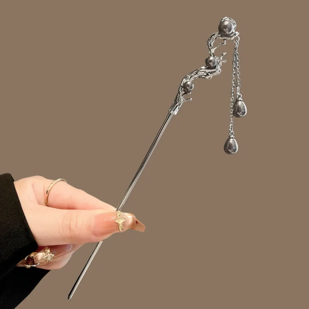 1pc elegante chinês hairpin prata tonificado artesanato com pérola fluindo como detalhes delicado borla abraço beleza atemporal
