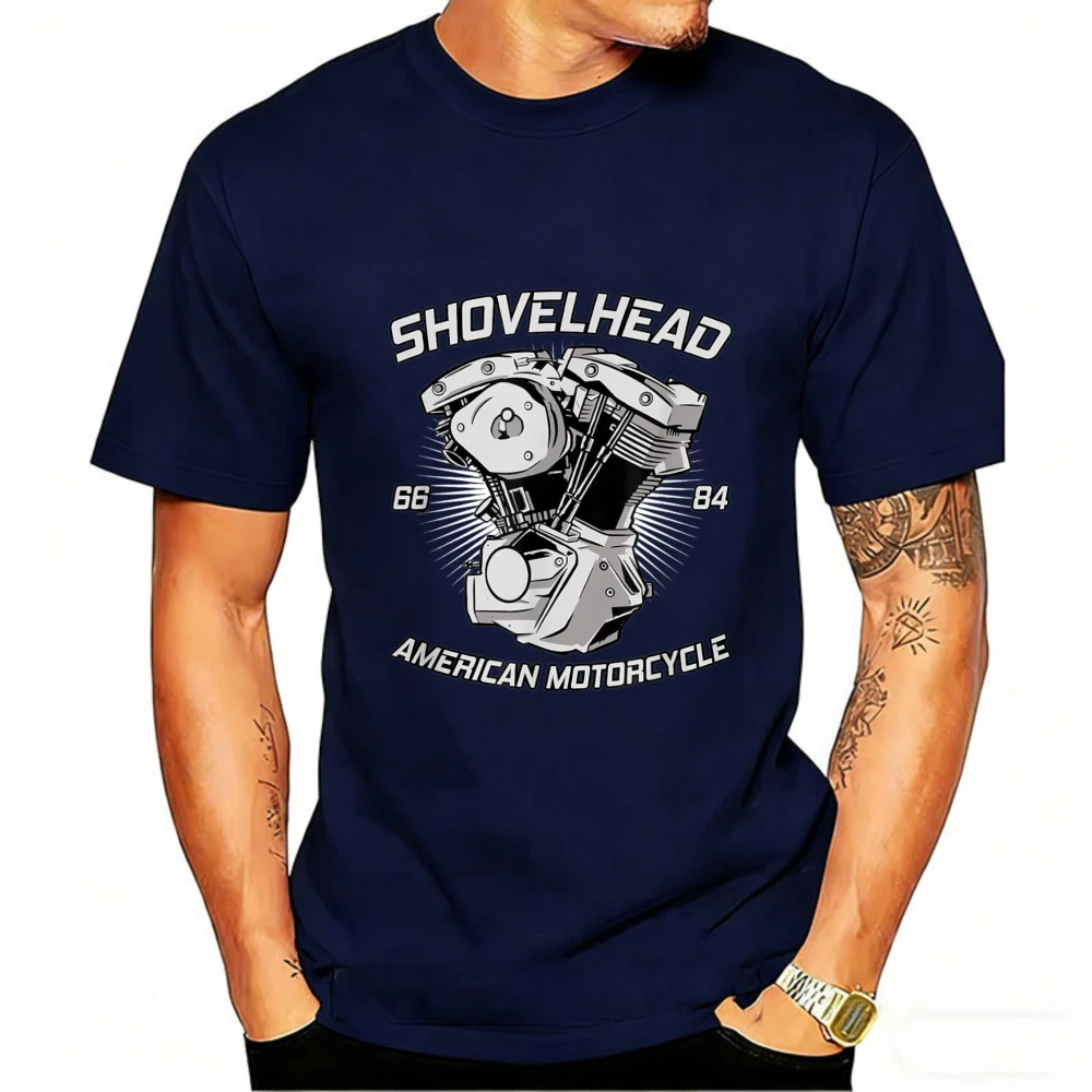 Vintage HD Motorcycle VTwin Shovelhead Engine Drawing Biker T-Shirt Cotton Shirt for Men's Fashion Streetwear O-neck Short-sleev