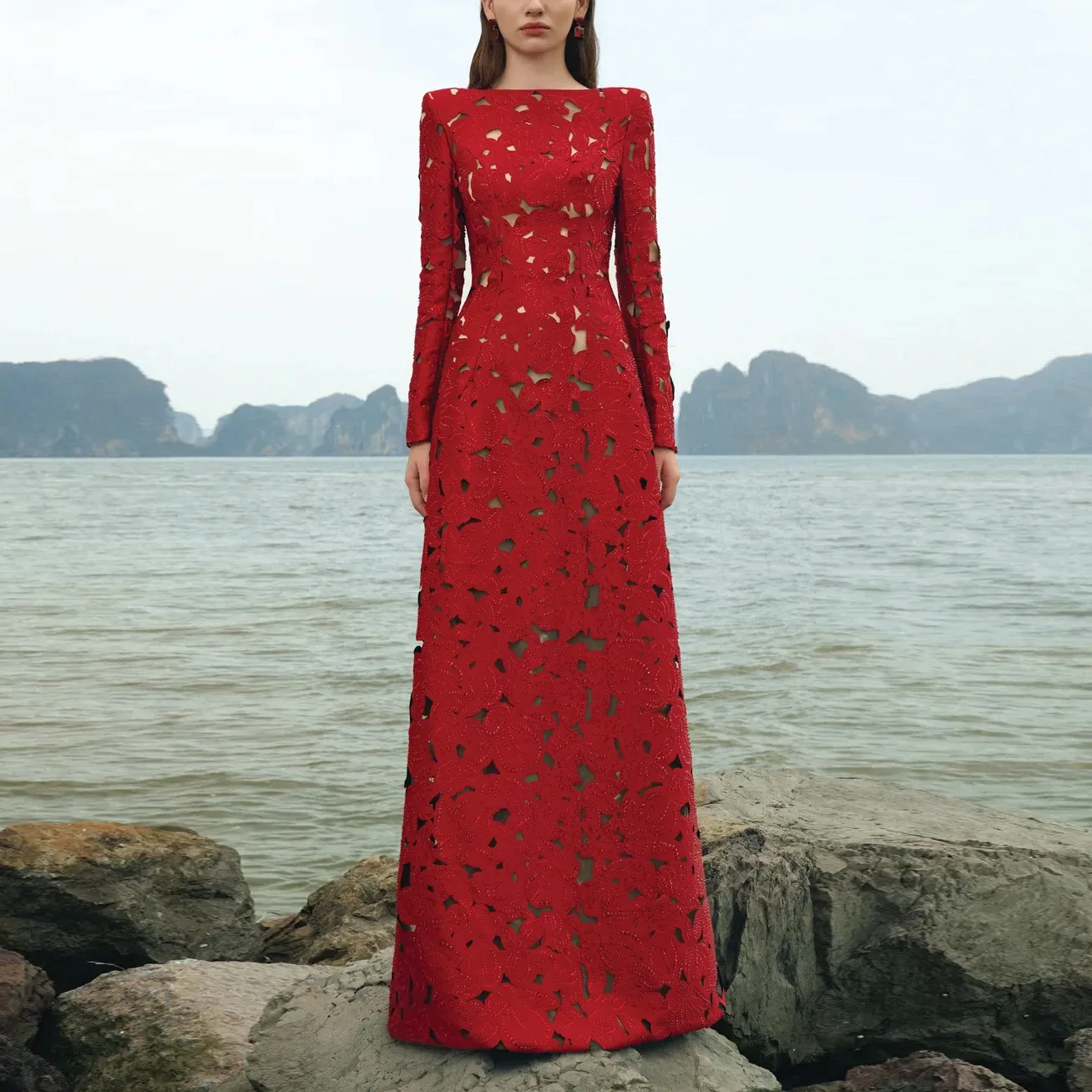 Host's evening gown, celebrity fashion hollow out hot stamping long dress, Dubai Saudi Arabia women's party long dress