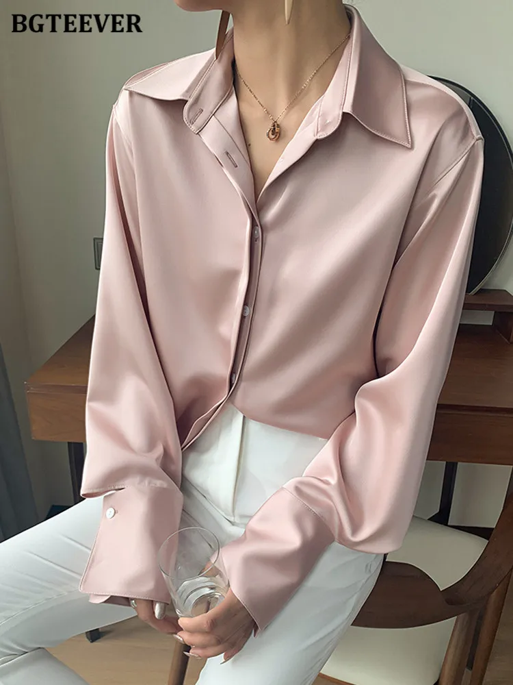 Bgteever elegante solto único-breasted feminino cetim camisas topos 2022 primavera verão blusas de manga cheia feminina blusa sólida