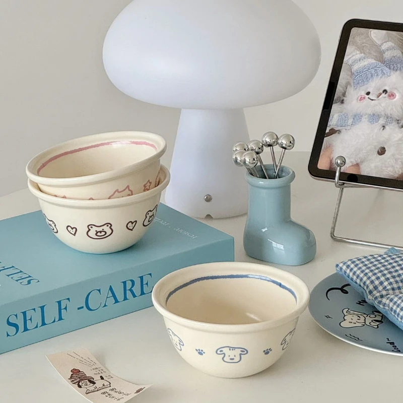 

4pcs/1set Creative Cartoon Rice Bowl Household Ceramic Tableware Cute Highly Attractive Couple Style Popular Single-person Bowls