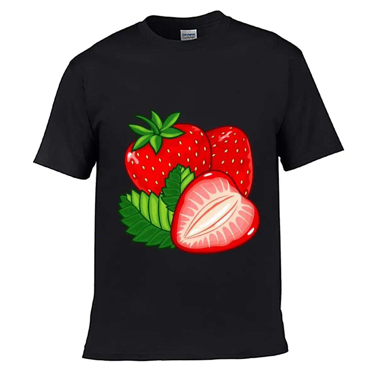 Fresh Strawberry Slice Green Leaves Fruit Graphic Solid Washed Vintage Tee Distressed Loose