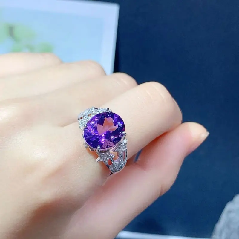 Sterling Silver Amethyst Ring for Party 10mm*12mm 5ct VVS Grade Natural Amethyst Silver Ring with Thick Gold Plated