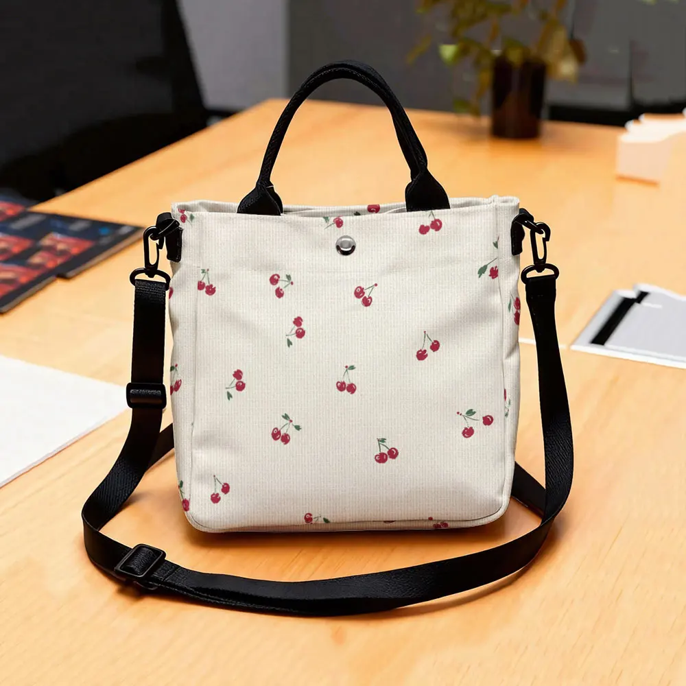 Cherry Print Tote Bag, Detachable Strap Crossbody Handbag For Daily Work Shopping