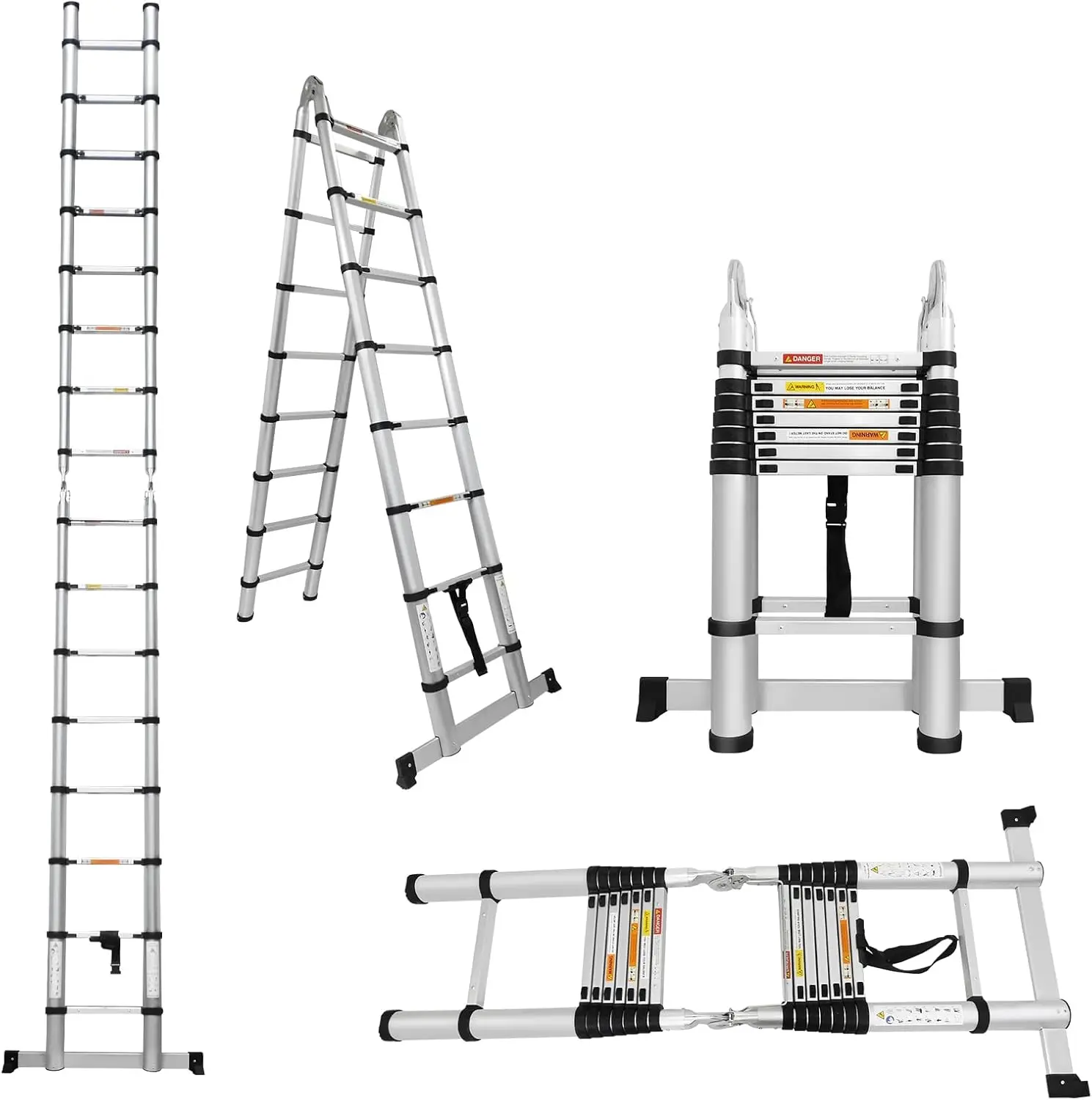 

12.5 FT Telescoping Extension Ladder, Aluminum Type 1A Folding Telescopic Ladder with Locking Mechanism, Stabilizer Bar