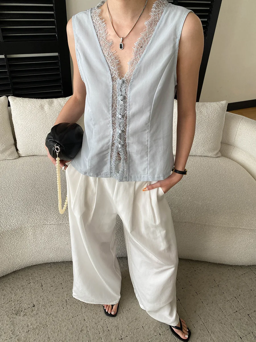 Sommerliche Damen-Freizeithose in Uni-Farbe, halb elastisch, hoher Bund, locker geschnitten, weites Bein – Detail 18