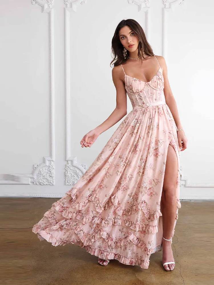 Elegancka Sukienka Balowa z Odkrytymi Ramionami, Kwiatowym Nadrukiem, Falbankami na Bokach, Wysokim Rozcięciem, Koronkową Kamizelką, Sukienki Wieczorowe Księżniczki, Błyszczące, Długie do Podłogi