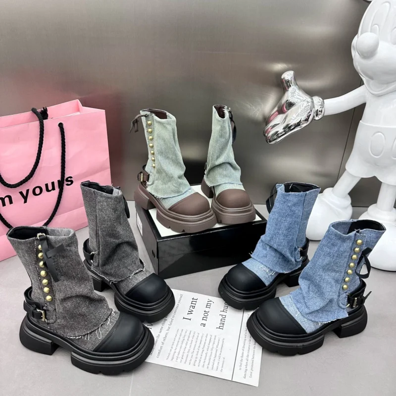 

Women's Thick-Soled Jeans Boots for Petite Figures British Style Fashion Boots 2025 New Autumn Retro Pile Short Boots