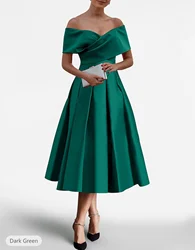 A-Line Cocktail Dresses Elegant Dress Wedding Guest Tea Length Short Sleeve Off Shoulder Satin