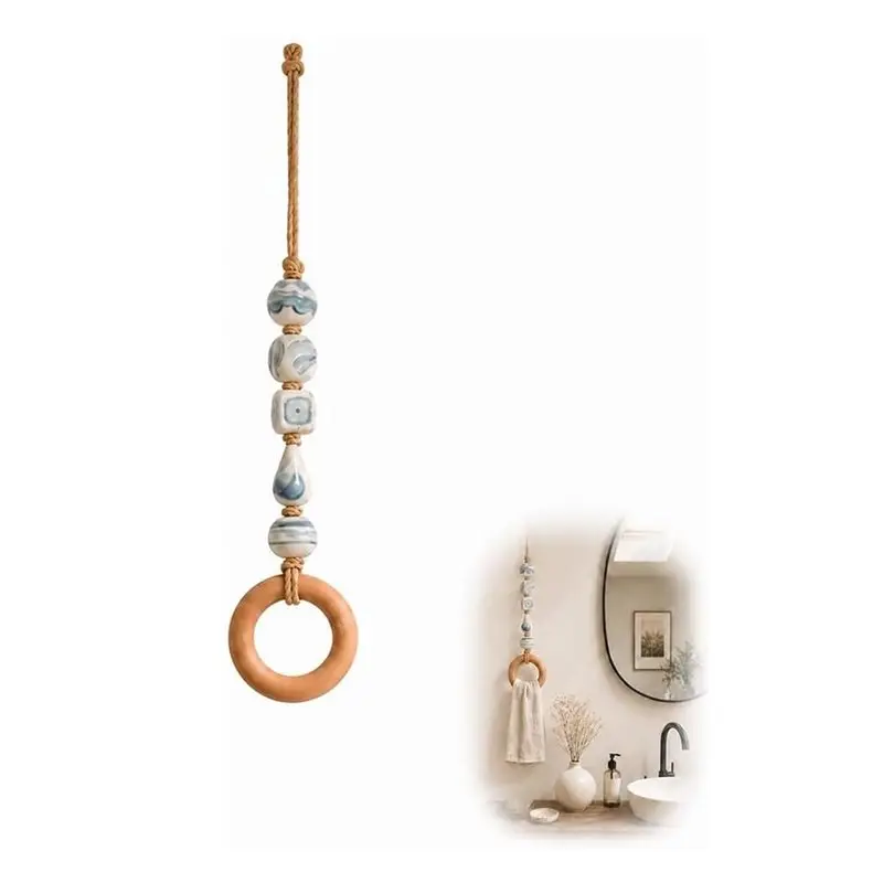 ABKJ-Beaded Towel Hanger With Wooden Ring Decorative For Bathroom Wall, Boho Style Farmhouse Rack Five White Beads