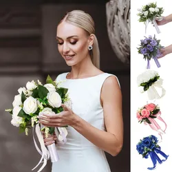 1 piece Wedding Bridal Bouquet Bridesmaid Artificial White RoseFlowers Hand Toss Bouquet for Boho Rustic Ceremony Anniversary