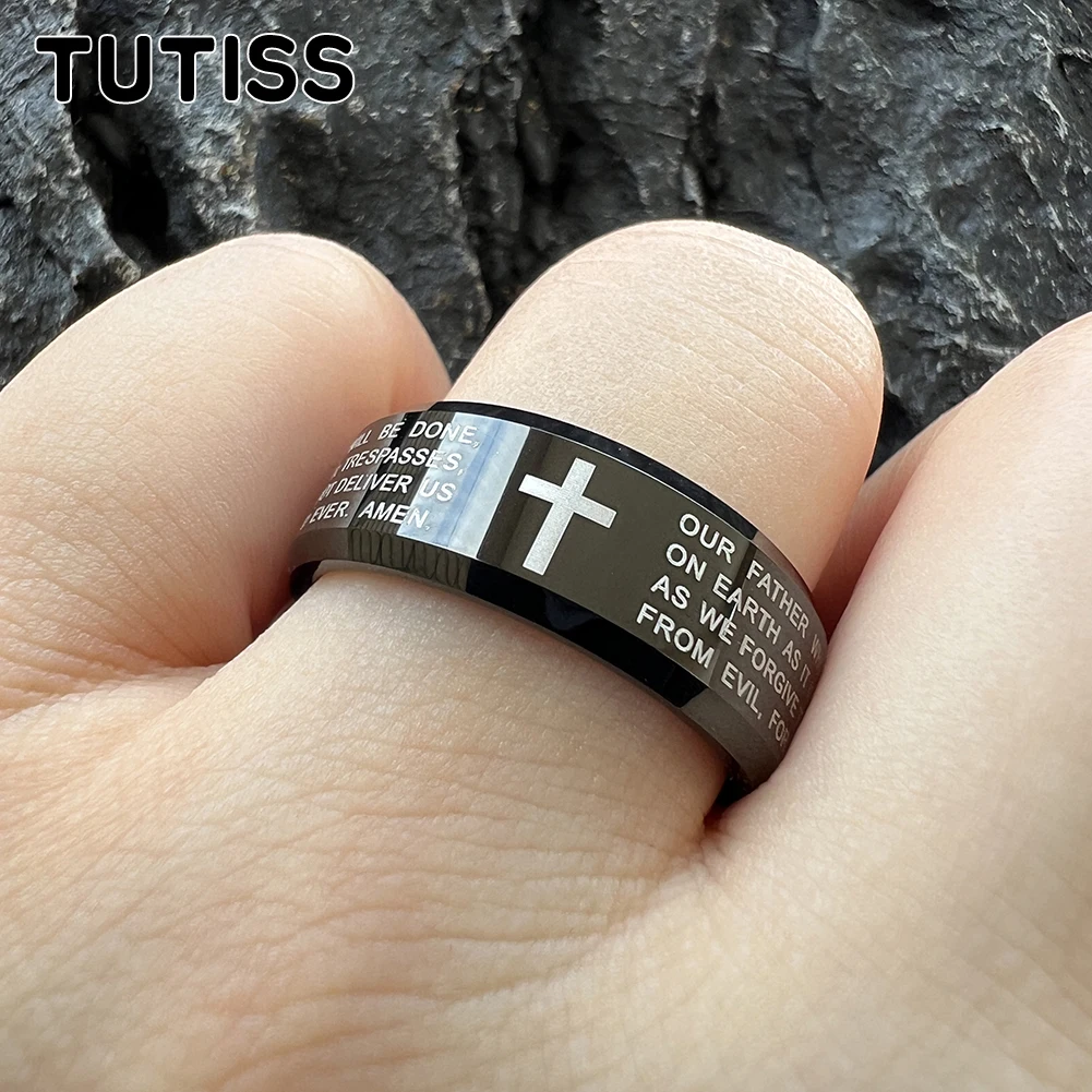 TUTISS Men's and Women's Wedding Tungsten Ring Laser Carving Cross Polishing Surface Bevel Edge Comfort Fit