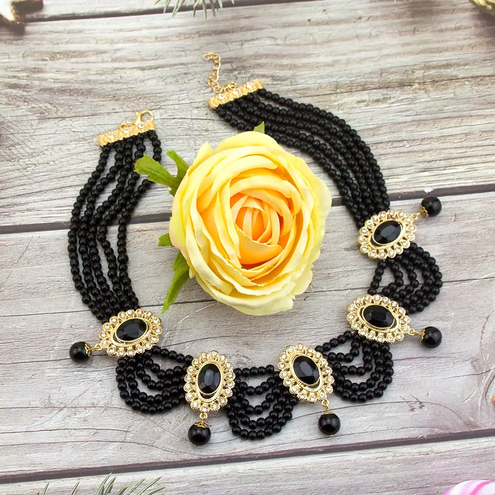 Sunspicems Fashion Algeria Morocco Jewelry Hand Bead Choker Necklace Earring Sets For Women Gold Color Arabic Bridal Bijoux