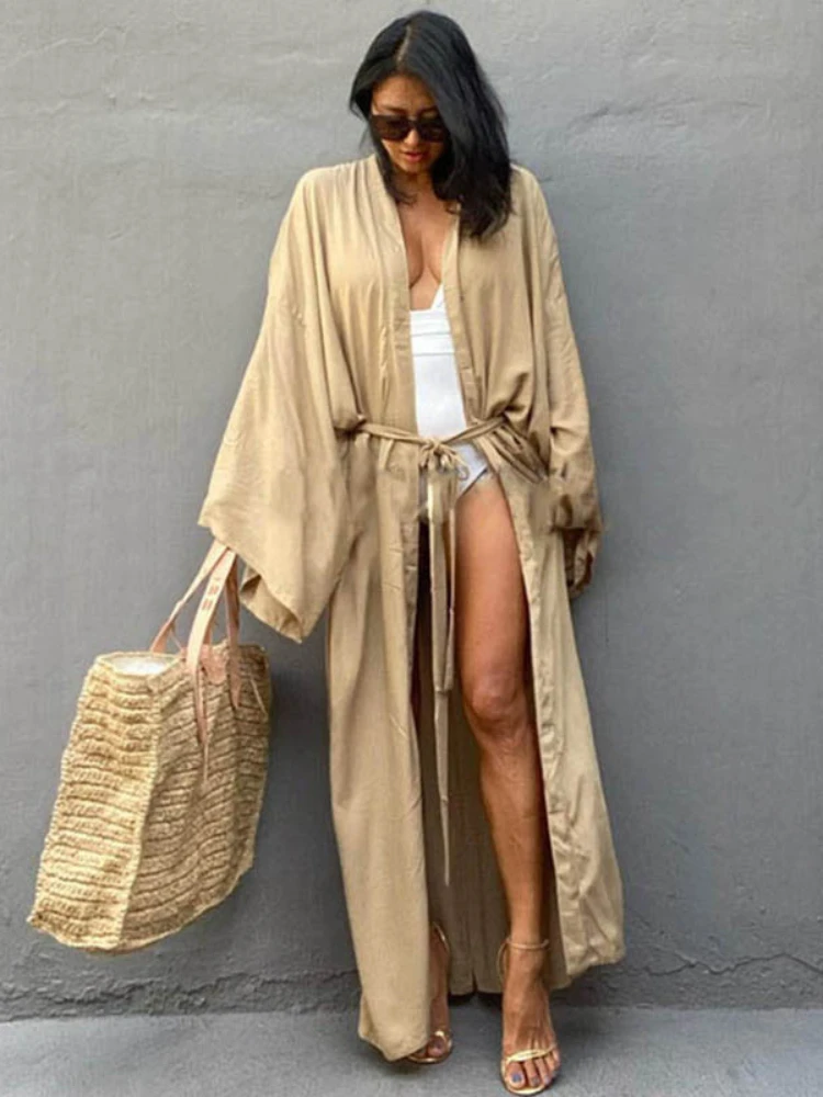 Vestido tipo Kimono para mujer, traje de baño liso con cinturón, ropa de playa, 2022