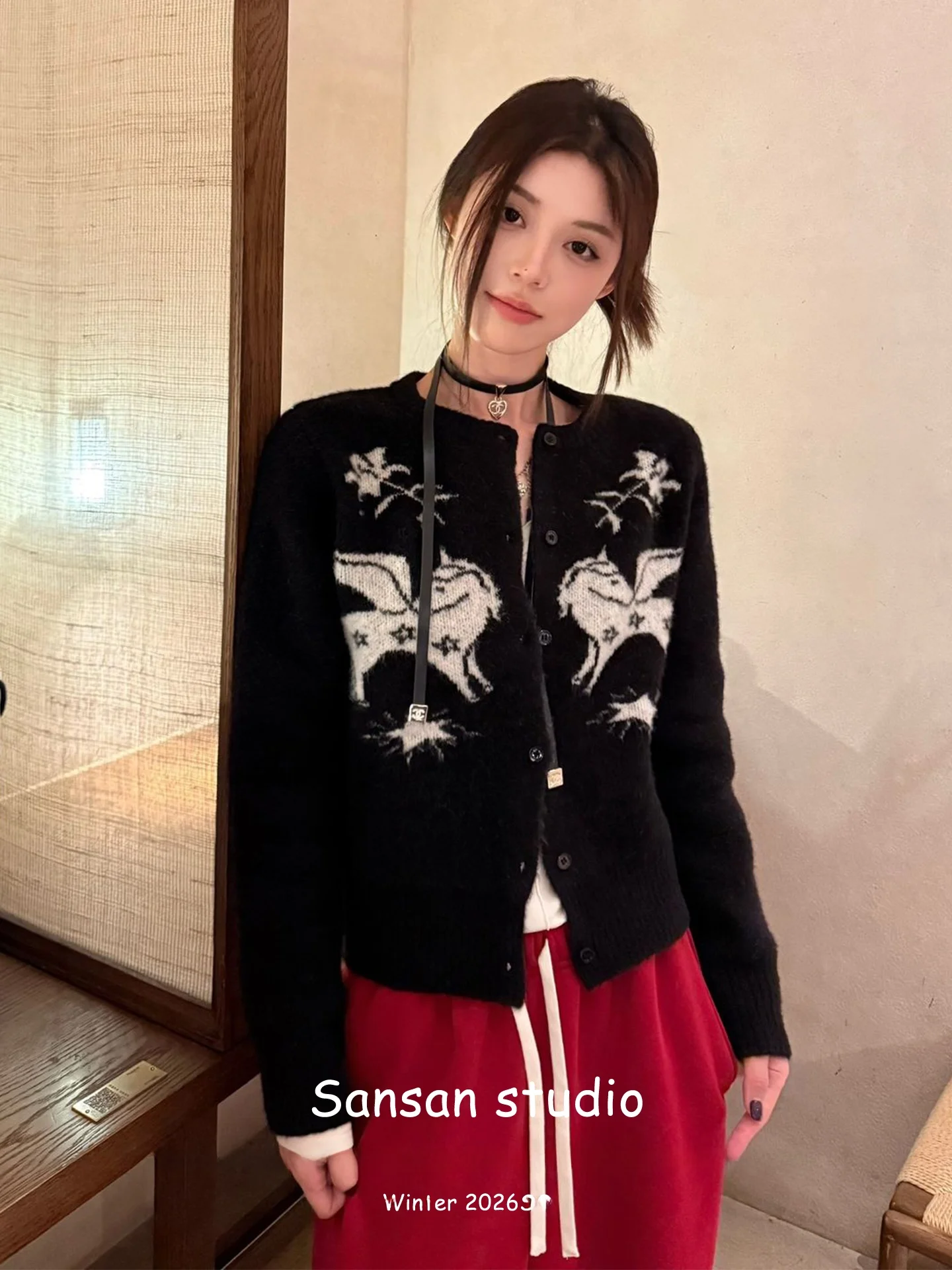 

Retro American Knitted Open Cardigan Women's Slim Fit round Ne Bla Top Spring Autumn Pattern Sweater Outerwear