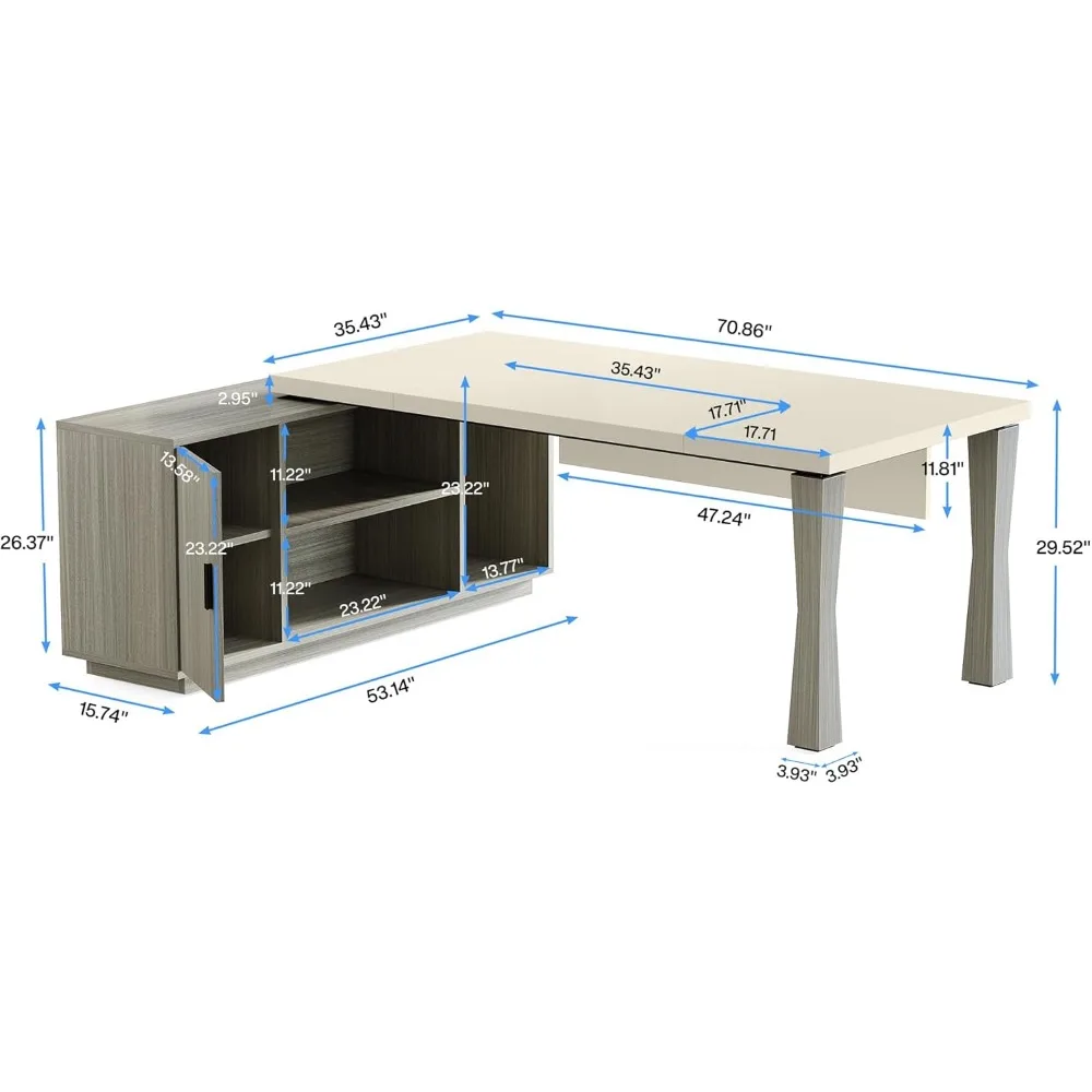 71-Inch Executive Desk,L-Shaped Desk with Cabinet,Large Office Desk W Storage Shelves, Writing Table Desk Business Furniture