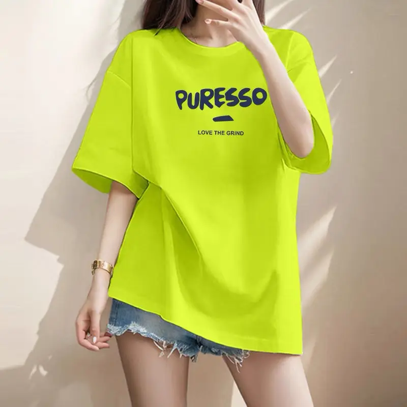 

2025 Summer New Chic Letter Print Pure Cotton T-shirt Women Clothing Fashion All-match Basic Tees Office Lady Casual Loose Tops
