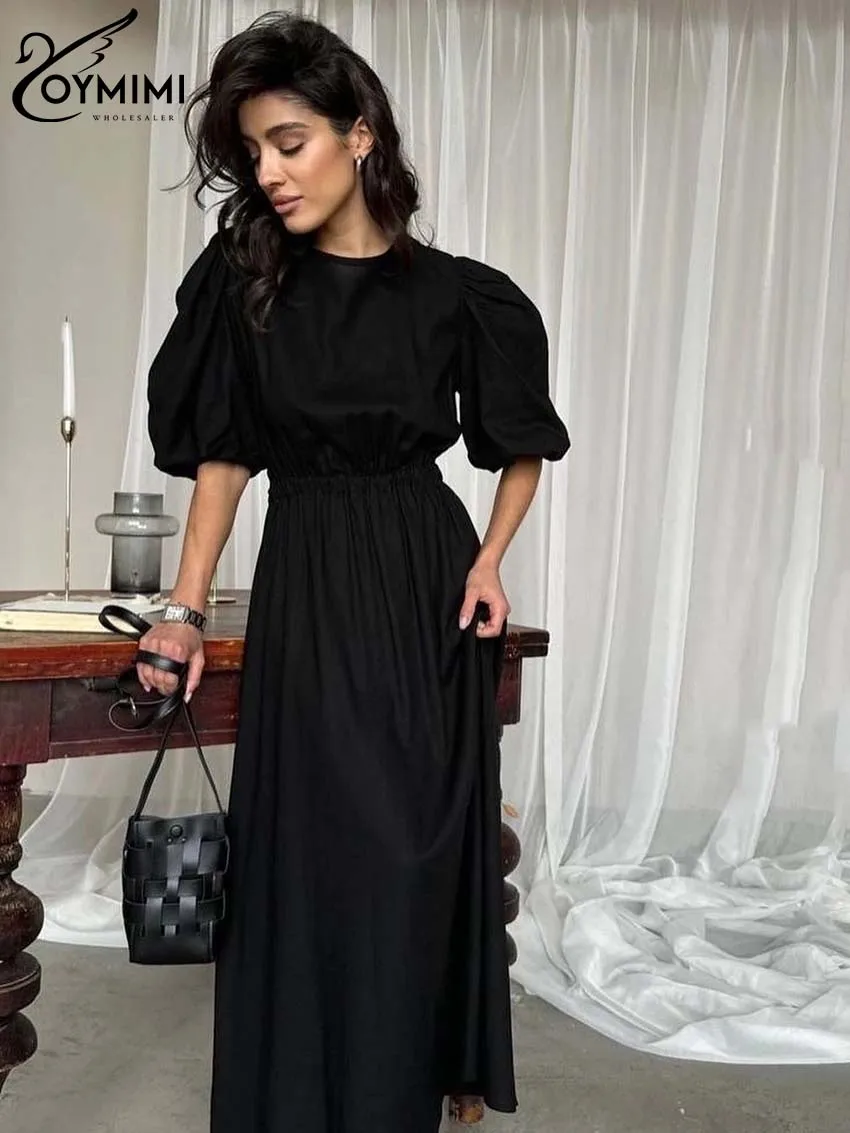 Oymimi Casual Green Cotton Womens Dresses Fashion O-Neck Half Sleeve Dresses Autumn High Waisted Ankle-Length Dress Streetwear