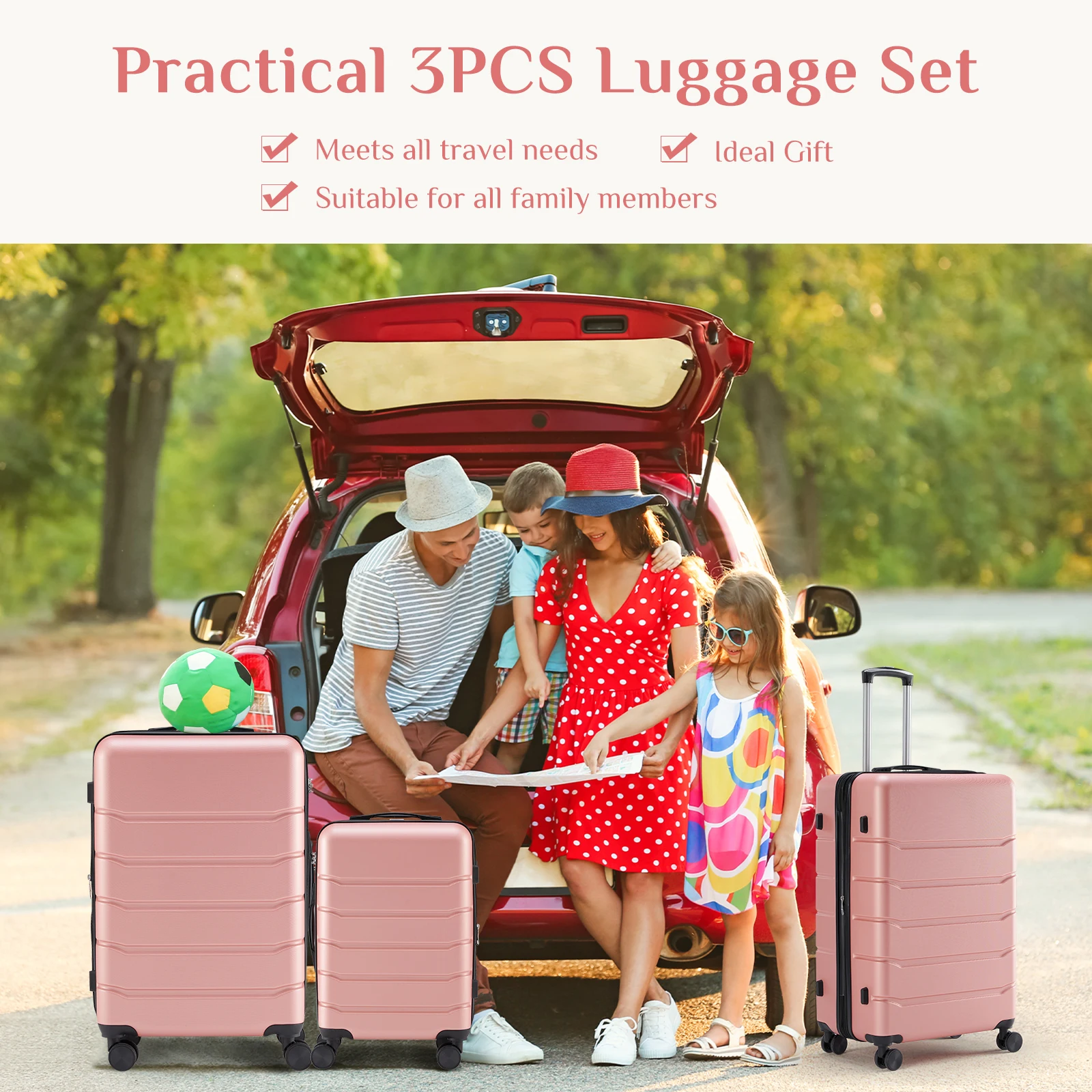 

Hard sided expand suitcase with rotating wheels, TSA lock, retractable handle, Pink, 3P Business trip for office work Portable
