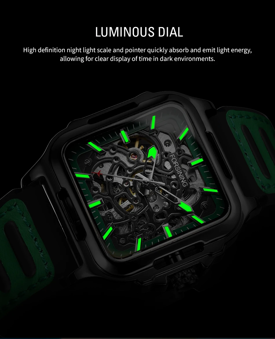 FORSINING Original Square Skeleton Mechanical Men Wristwatches Automatic Movement Field Sport Green Rubber Luxury Replica Watch